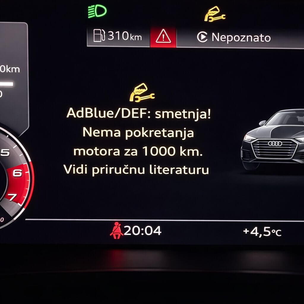 AdBlue/DEF: smetnja! Nema pokretanja motora za 1000 km. Vidi prirucnu literaturu
