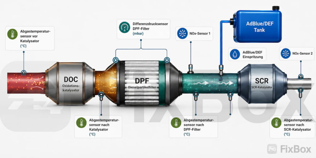 Illustration: Funktionsweise von DPF, SCR, AdBlue und Katalysator