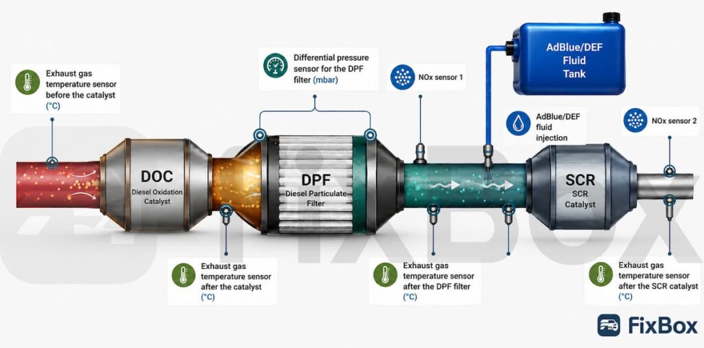 Illustration of how the DPF, SCR, AdBlue and catalytic converter work